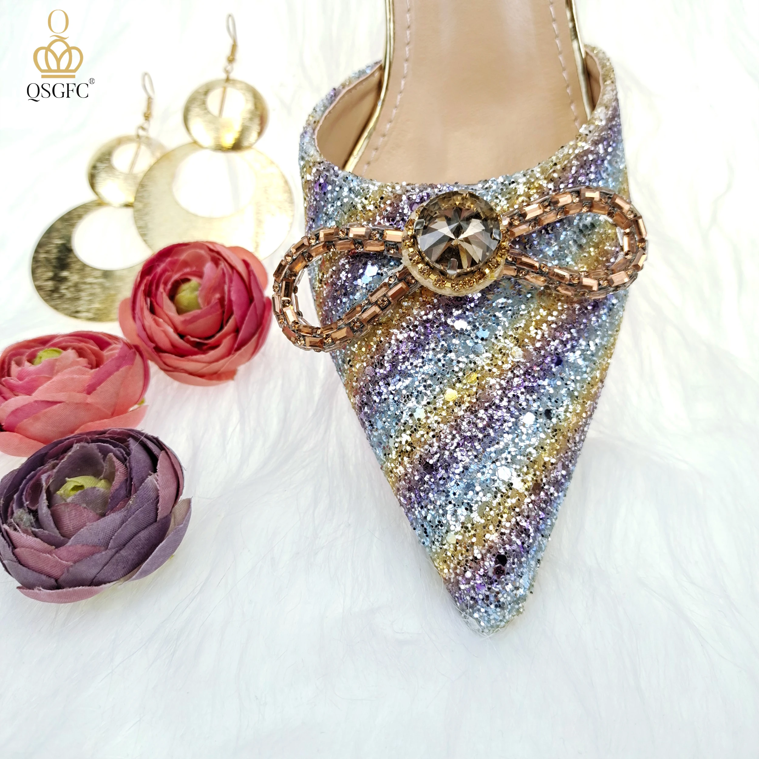 QSGFC 2022 Latest Colorful Sequins and Diamond Butterfly Design Women's Shoes and Bags Set Violet Color