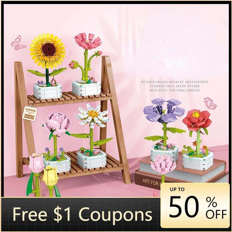 

Granule Flower Bouquet Building Block Potted Plant Bricks DIY Flowers Toys Set Gift for Girl Kid Simulation Rose Home Decoration