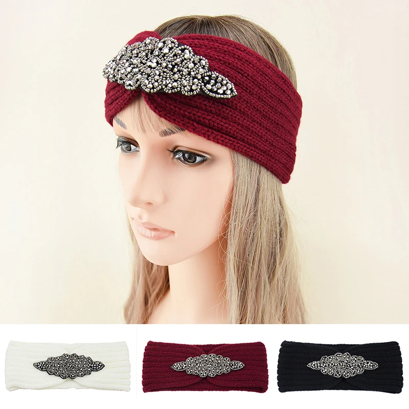 

DIY Hair Accessories Crochet Wide Elastic Hair Band Beaded Rhinestone Turban Headwrap Diamond Inlaid Knitted Headband Bandana