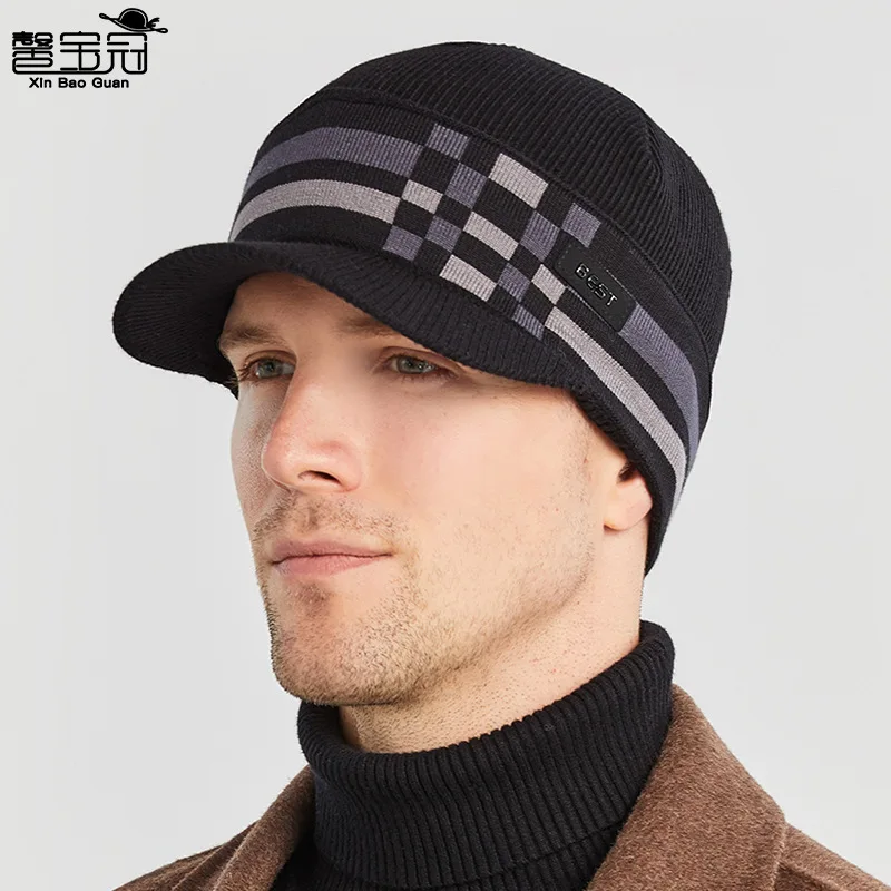 Versatile Autumn Winter Men's Woolen Cap Jacquard Plaid Knitted Hat Double Layer Warm Peaked Cap beanie  winter hat