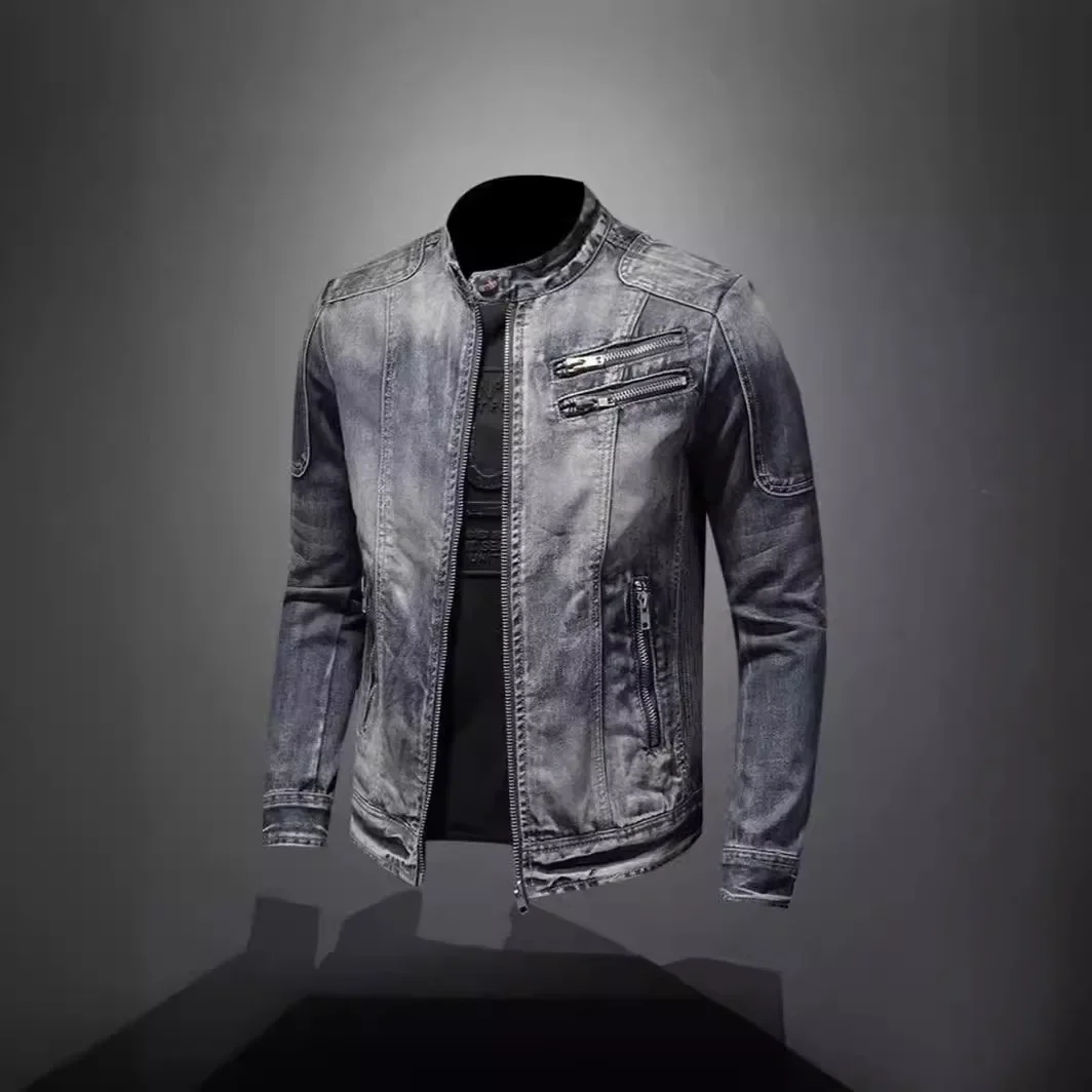 Мужская джинсовая куртка на молнии с воротником-стойкой