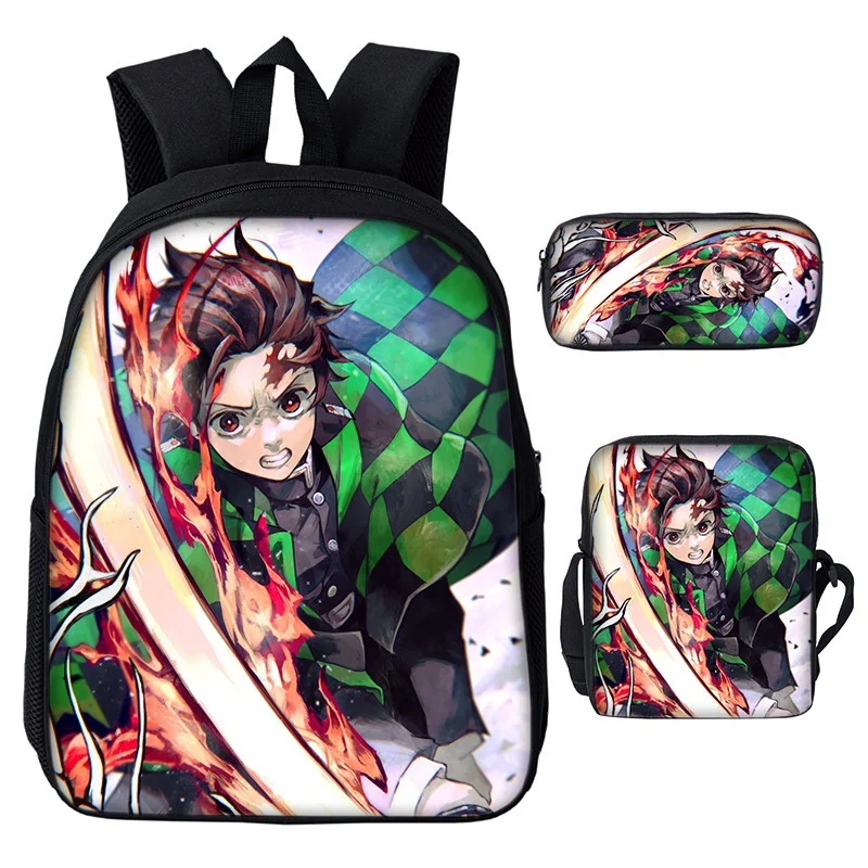 3 Piece Demon Slayer Nezuko Tanjirou Children Anime Backpacks New Girls Boys Primary School Student Shoulder Bags with Pen Bag