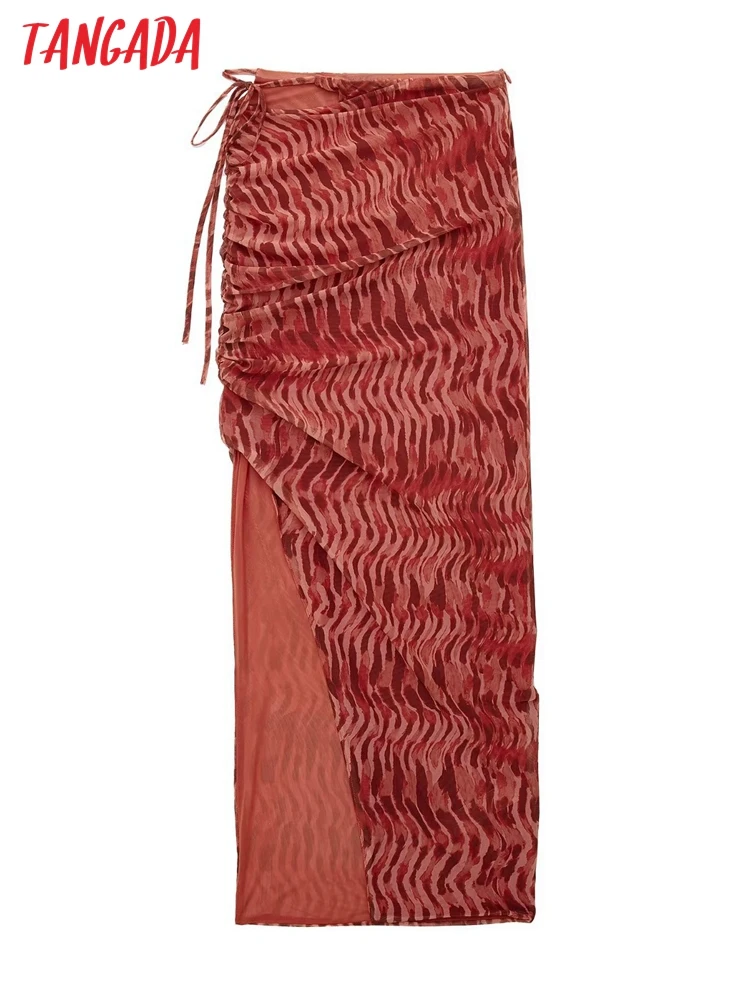 

Tangada Women 2022 Tied Side Slit Printed Midi Skirt Vintage High Waist Side Zipper Female Skirts 3H595