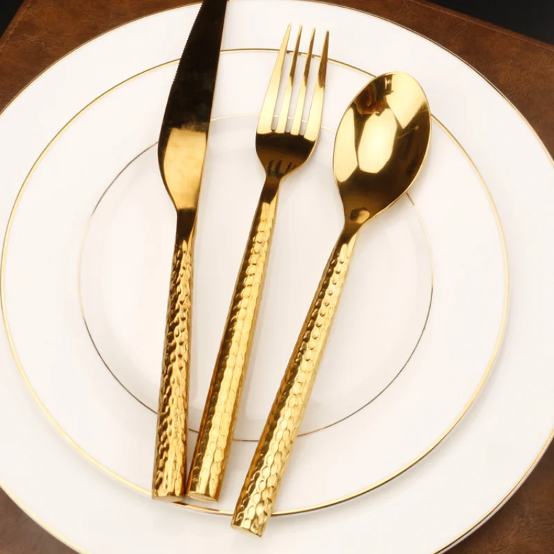 Golden Knife, Fork and Spoon Three-piece Set Steak Plate Western Plate High-end Household European Knife and Fork Set Tableware