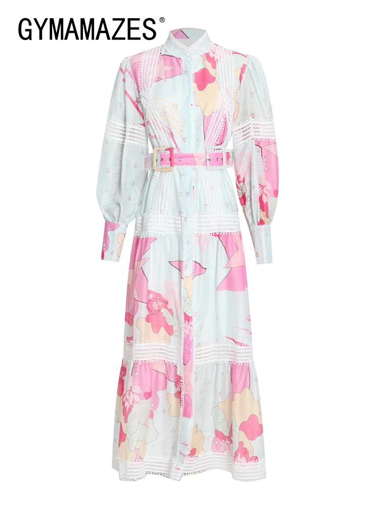 

GYMAMAZES Print Colorblock Midi Dress For Women Stand Collar Lantern Sleeve High Waist Long Dresses Female Fashion Clothing 2022