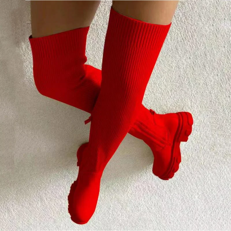 

Women's Over-the-Knee Boots 2023 Winter New Red Stretch Knit Socks Heels Sexy Platform Versatile Zipper Women's Knee High Boots