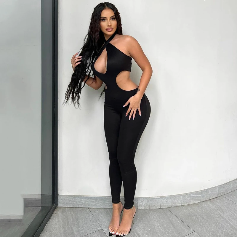 

Znaiml 2022 Summer Sleeveless V-Neck Halter Hollow Out Hight Waist Skinny Jumpsuits Women Romper Streetwear Sexy Y2K Outfits