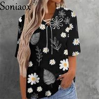 new arrival women short sleeve floral print loose t shirt blouse summer ladies lace up v neck vintage casual street t shirt tops