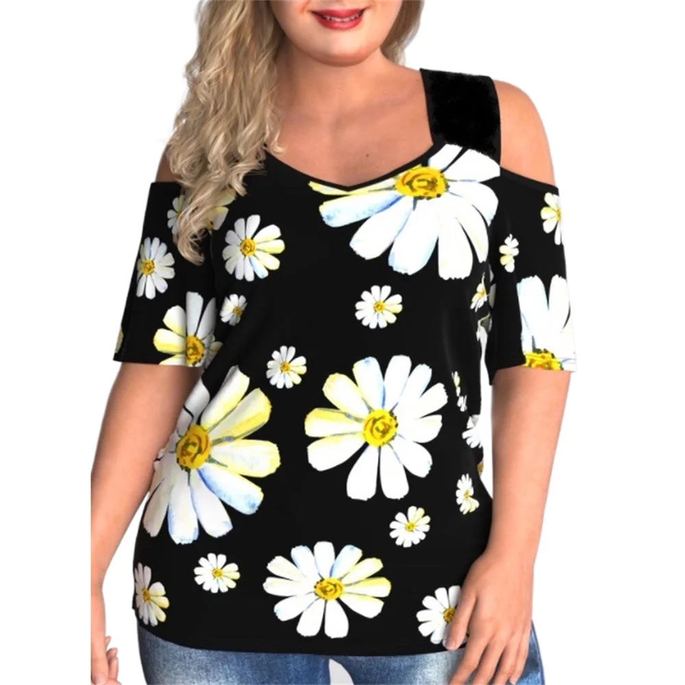 

5XL plus short sleeve versatile off-the-shoulder print plus size T-shirt top