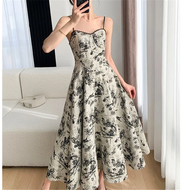 

Broken floral slip dress women's summer 2023 new French style waist slim jacquard A-line long dress