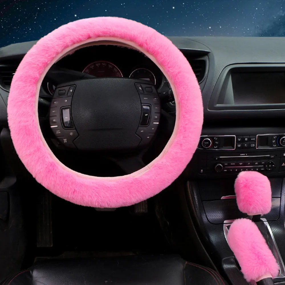 Car Decor Steering Wheel Cover Auto Car 3 Pcs Comfort Fashion Faux Wool Fluffy Shift Gear Cover Thick Warm Woman images - 6