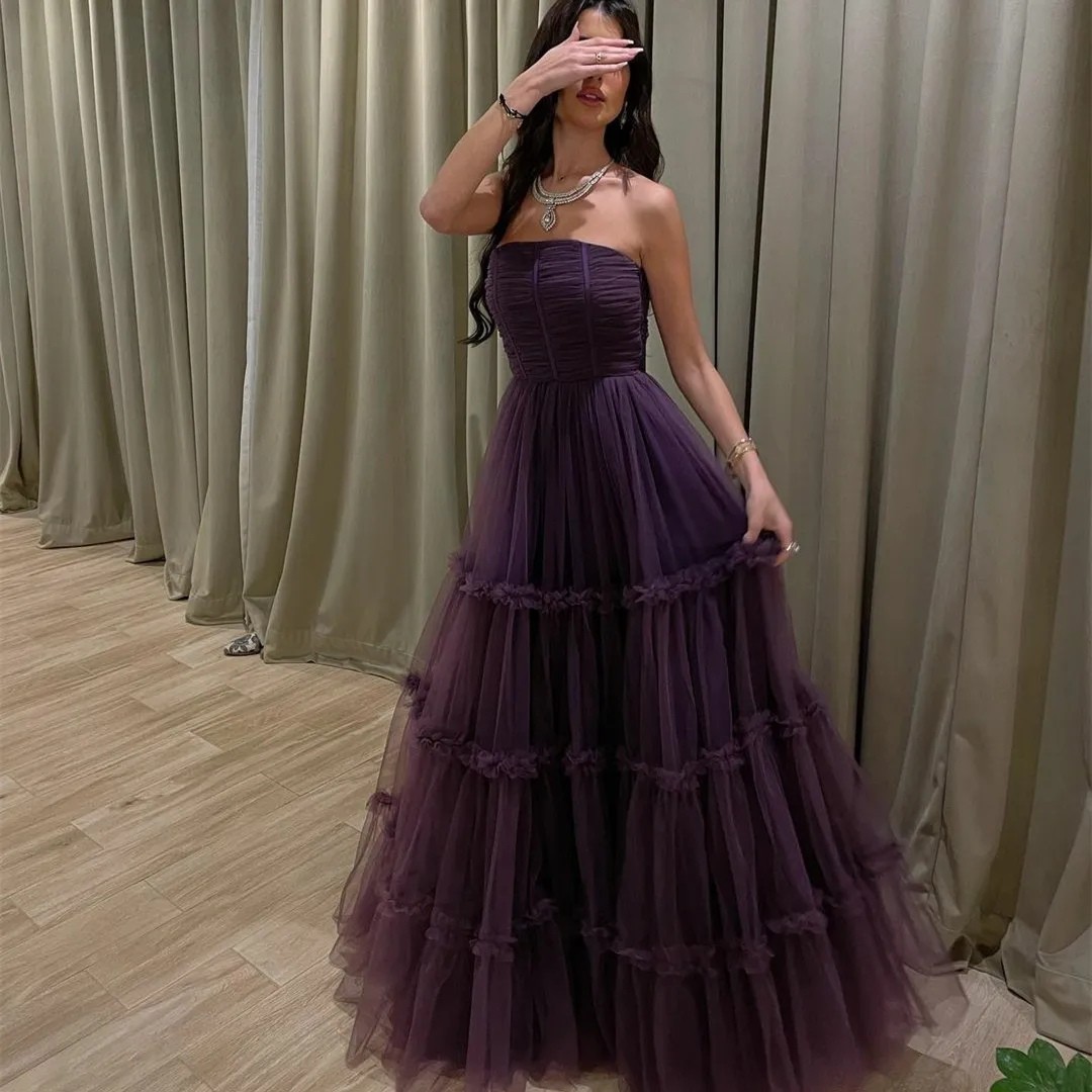 

Vintage Long Tulle Grape Evening Dresses A-Line Strapless Pleated Lace Up Back Floor Length فساتين السهرة Prom Gowns for Women
