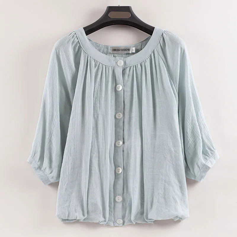 

Summer Women Tshirt Plus Size Lantern Sleeve O-neck Loose Casual T-shirt Solid Cotton Linen cardigan Tee Shirt Femme Tops D124