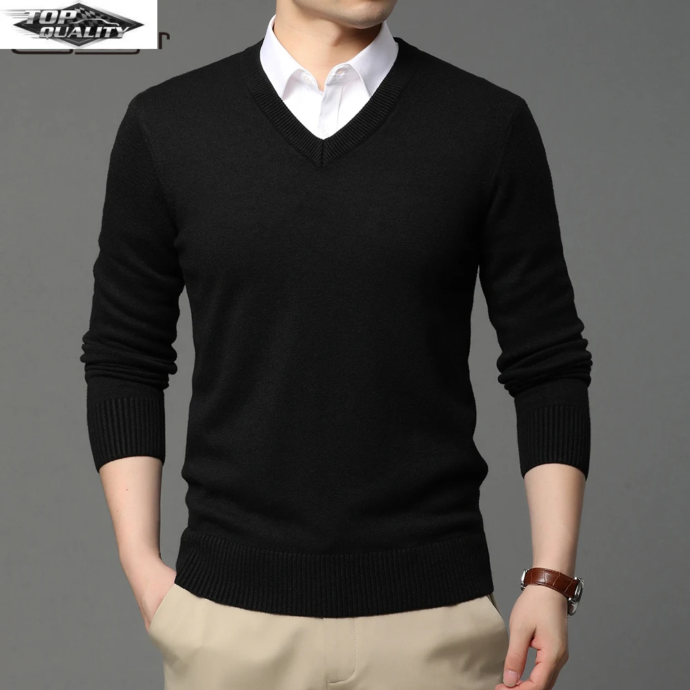 

2022 High Quality New Fashion Brand Woolen Knit Pullover V Neck Sweater Black For Autum Winter Casual Jumper Men Clothes