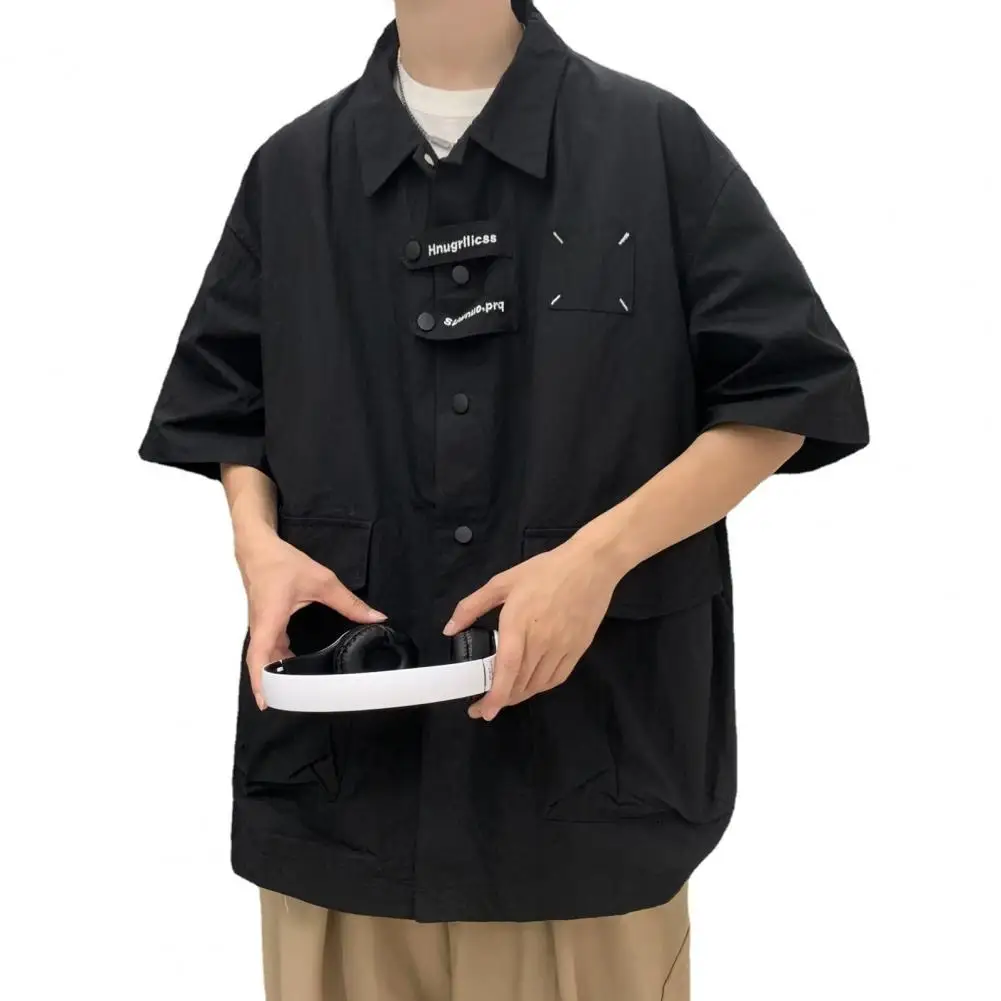 

Casual Men Shirt Streetwear Polyester Men's Top Coat Loose Fit Single-breasted with Pockets Turn-down Collar Half Sleeve Shirt