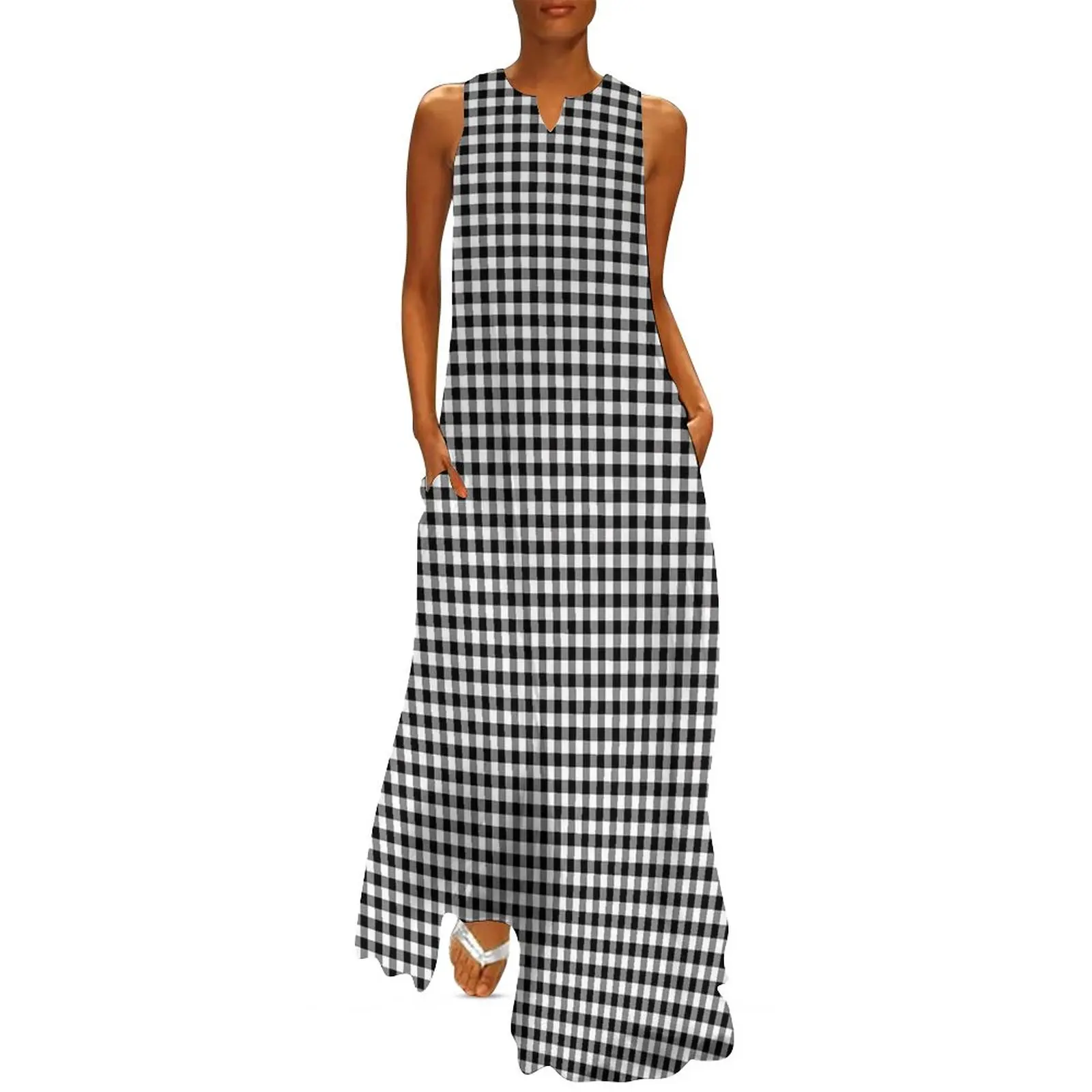 

Black And White Dress Check Print Party Maxi Dress V Neck Design Bohemia Long Dresses Streetwear Big Size Vestido