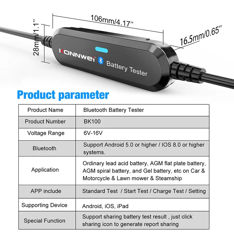 Bluetooth-тестер автомобильных аккумуляторов BK100 12 В 100-2000 CCA 6 в |