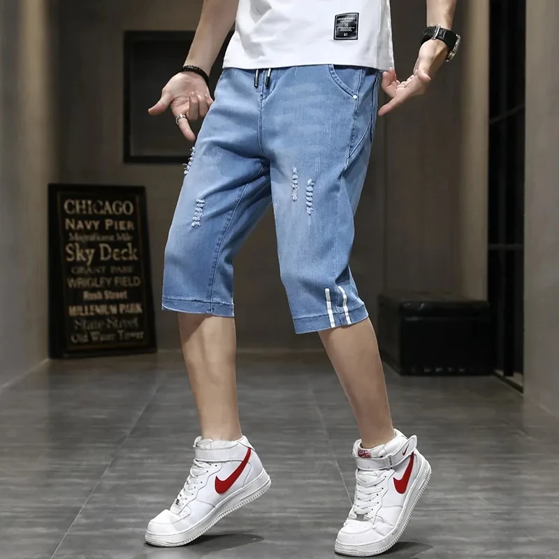 Korean Popular Summer Thin Loose Casual Men's Elastic Denim Jeans Vintage Distressed Men Pants Calf Length Straight Shorts