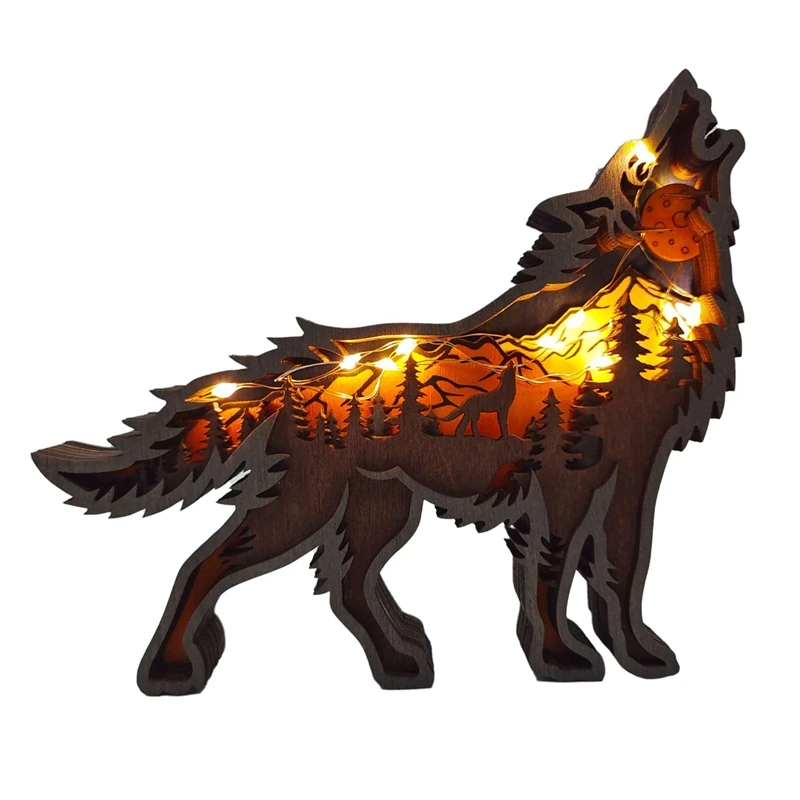 

Деревянный Тотем волка со светодиодсветильник кой, креативные ажурные Домашние животные, настольные рождественские резные украшения