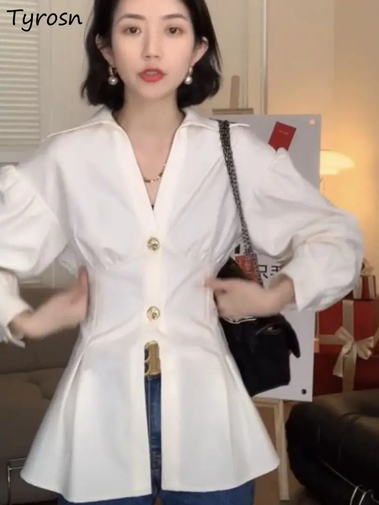 

Женские рубашки, модные однотонные весенние приталенные Дамские элегантные дизайнерские простые универсальные складки во французском стиле с отложным воротником