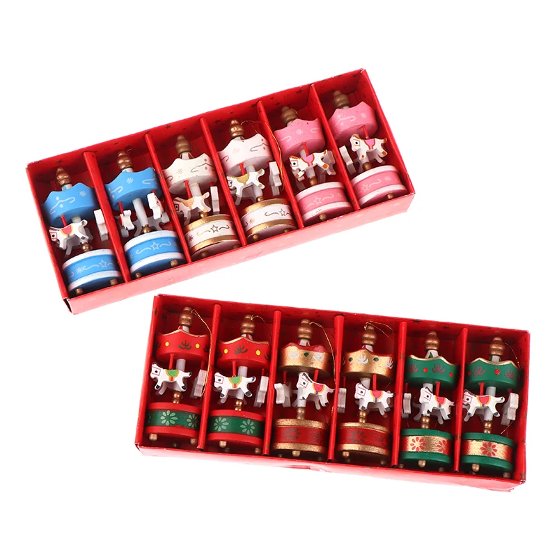 

6Pcs/Box Merry Christmas Wood Carousel Horse Ornaments Mini Beautiful Wooden Xmas Children Gift Toys New Year Christmas Gifts