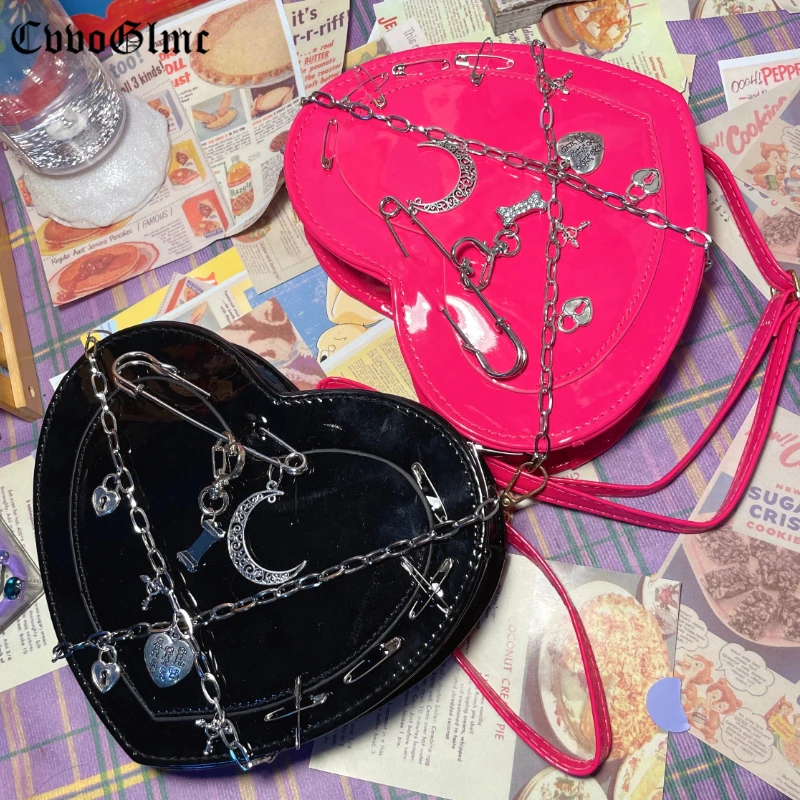 

Punk Rock Love Shoulder Crossbody Bag Women Harajuku Goth Dark Pu Leather Messengers Bag Y2K E Girls Chain Purses and Handbags