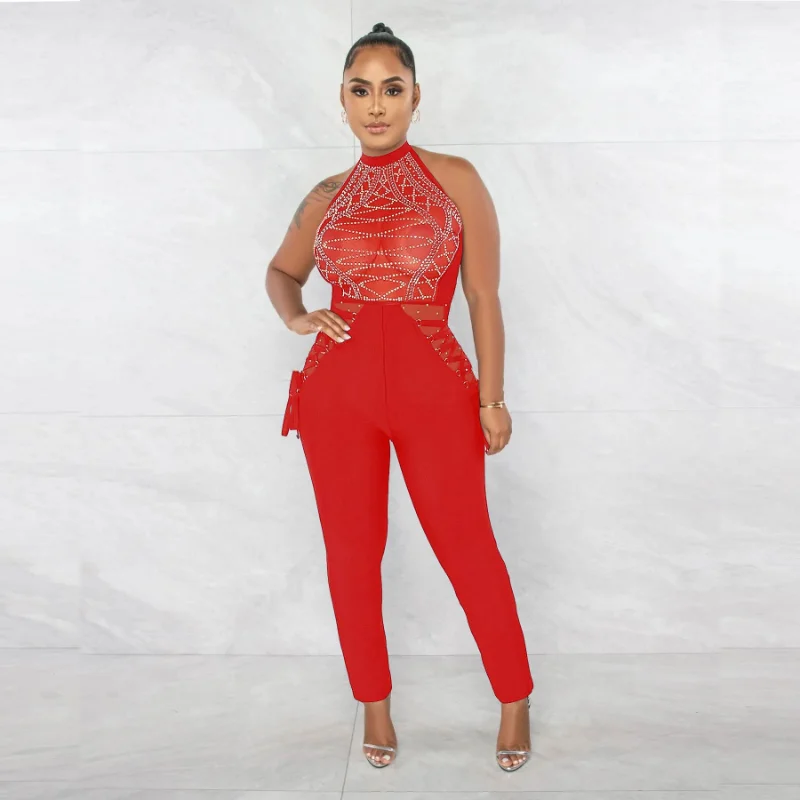 

Wishyear 2023 Rhinestone Halter Backless Jumpsuit for Women Mesh Sheer Black Jumpsuits Sexy Club Evening Party Birthday Outfits