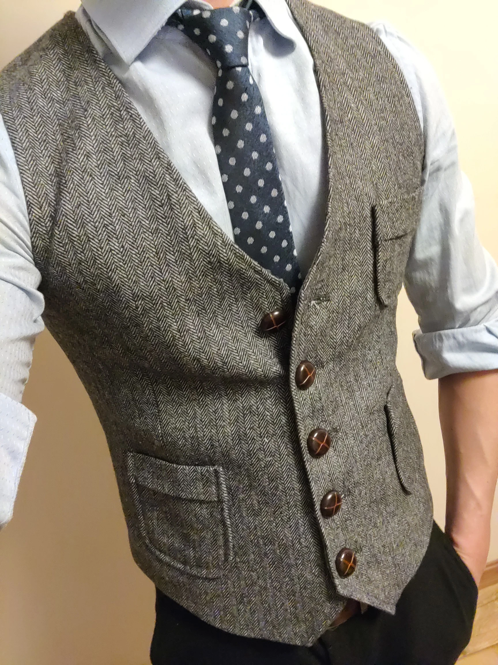 Men's Formal Suit Vest V-Neck Tweed Herringbone Waistcoat Business Dress Suit Vests for Wedding