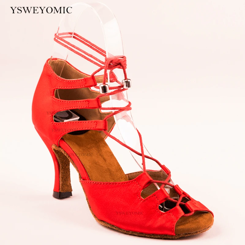 Indoor Dance Shoes For Women 2022 Blue Red Black Satin Latin Ballroom Dance Shoes Suede Outsole 7cm Dance Heels