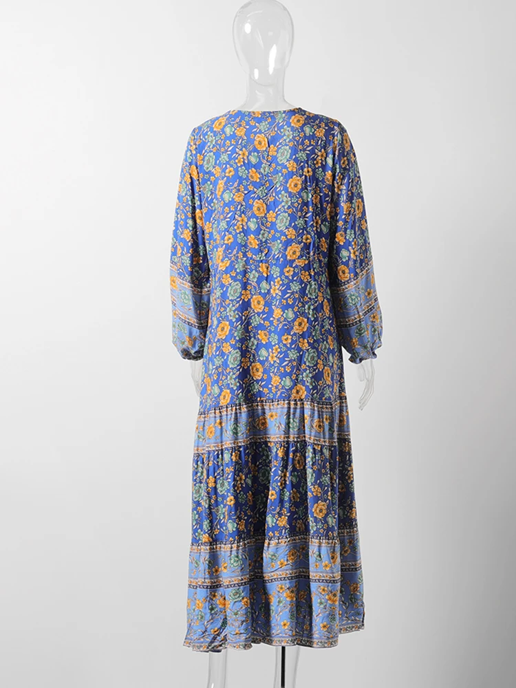 Женское платье с цветочным принтом Jastie синее хлопковое v-образным вырезом и