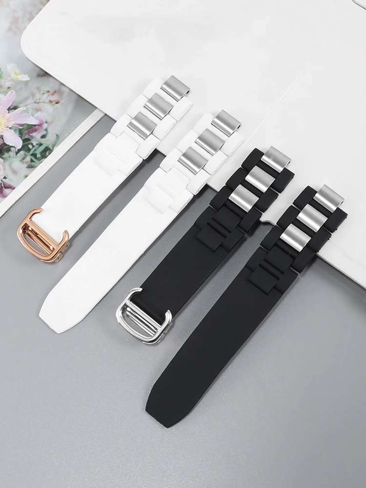 Силиконовый ремешок для часов, черный, белый цвет для Cartier 21st Century Series W10125U2, резиновый браслет с пряжкой из нержавеющей стали с выпуклым интерфейсом (art.: 3920cc66ff400) - 3920cc66ff400
