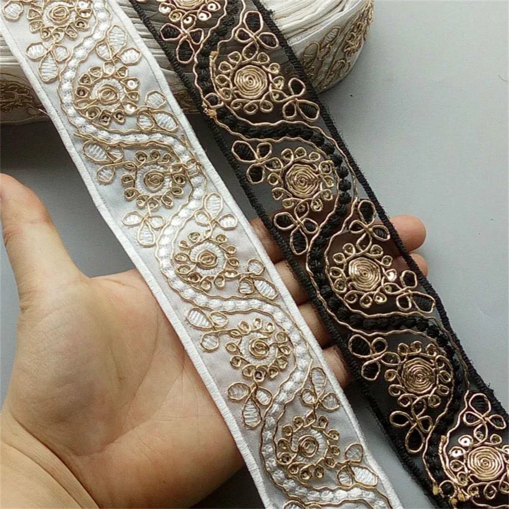 

3 Yards White Black 45mm Ethnic Gold Thread Sequins Webbing Ribbon Tape Shoes Dress Embroidered Lace Trims DIY Sewing Accessorie