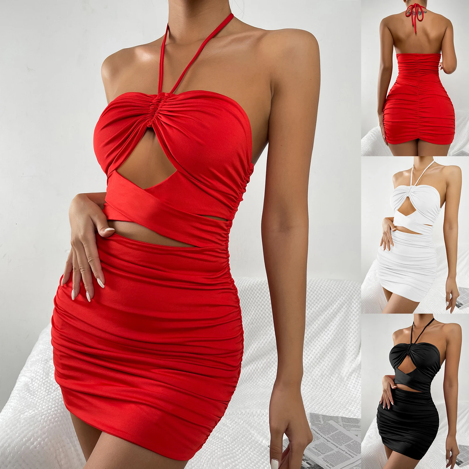 

Summer Women Sexy Solid Color Backless Bodycon Dress Halter Neck Pleated Cut Out Chest Sleeveless Dresses Clubwear