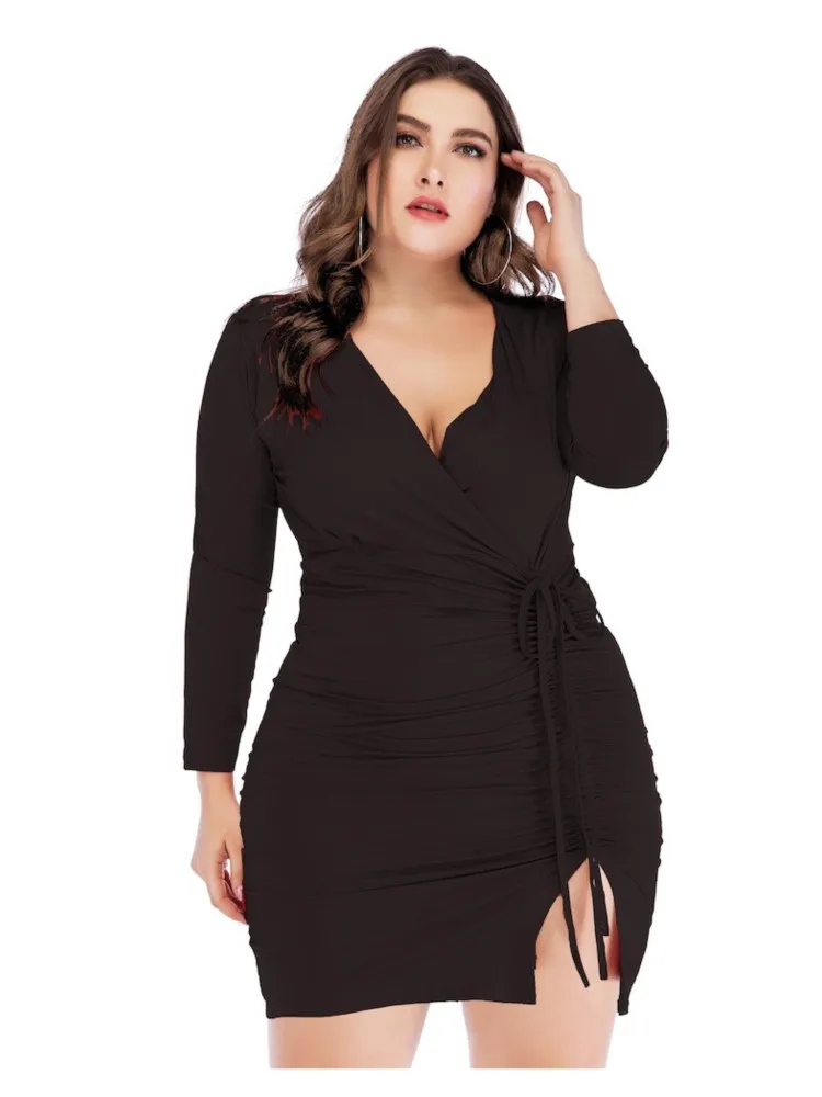 

Женское мини-платье с V-образным вырезом, длинным рукавом и разрезом