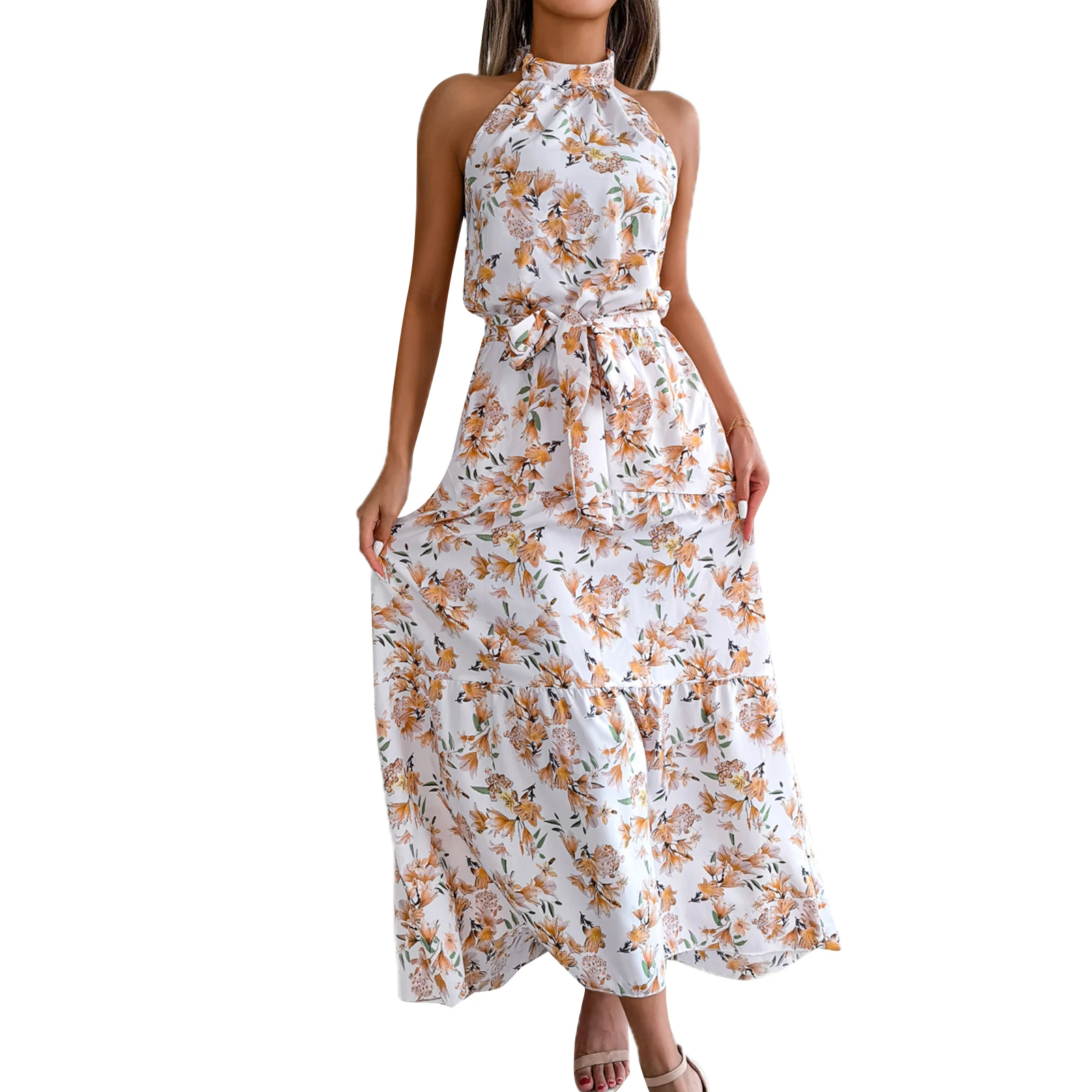 

Элегантные платья для женщин с цветочным принтом в стиле бохо с завязкой на шее с открытой спиной и высокой талией вечернее женское платье