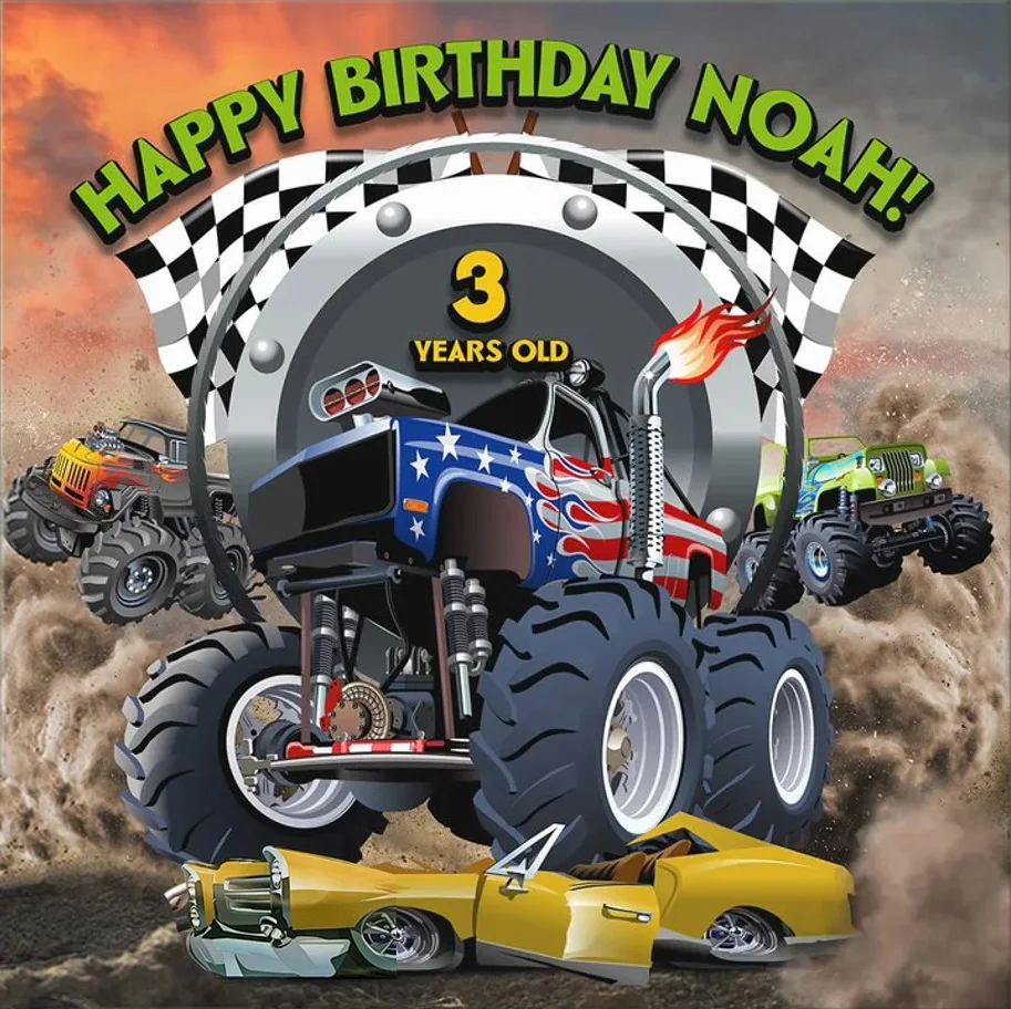 

Monster Truck Birthday Party Banner Backdrop Personalized Photo Photography Background Customize for Kids Boys 1st 2nd 3rd 5th