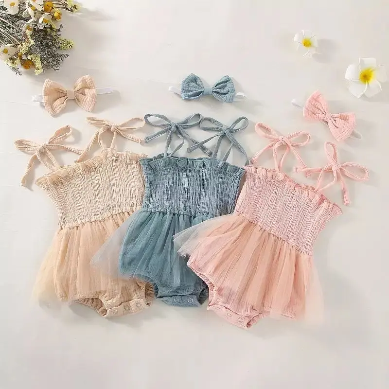 

Lioraitiin 0-18M 2Pcs Summer Newborn Infant Baby Girls Boys Sleeveless Strap Ruffles Lace-Up Pleated Mesh Loose Romper+Hairband