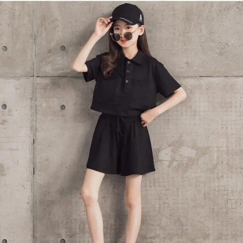 

Summer Kids Clothes Girl Cotton Solid Short Sleeve Turn-Down Collar T-Shirt+Shorts Outfits 2Pcs Top and Bottom Sport Sets 5-16Y