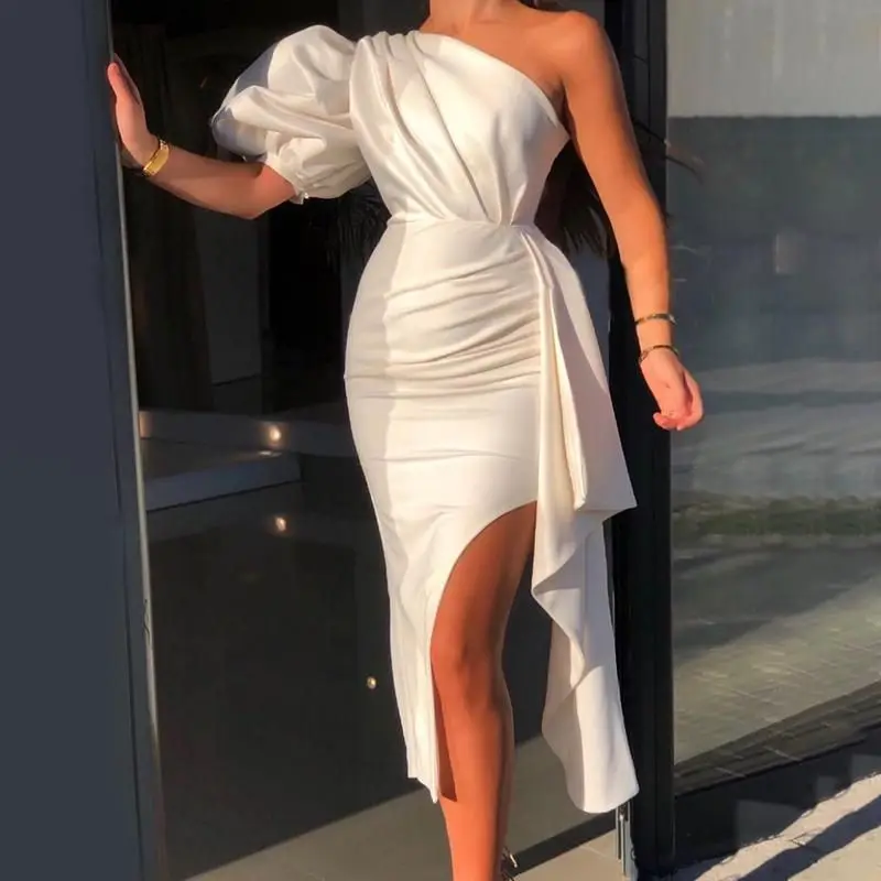 

2023 Fashion One Shoulder Puff Sleeve Ruched Slit Party Evening Dress Summer Asymmetric Midi Long Sexy Robes Workwear Ball Gowns