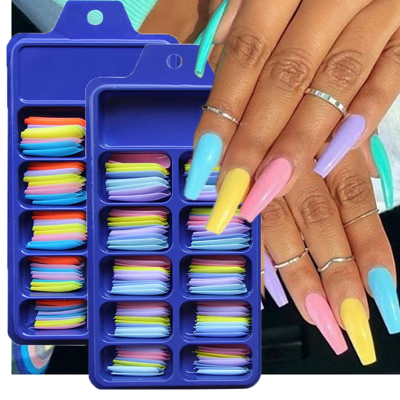 

100pcs Coffin Fake Nails Art Tools Mix Neon Colors Artificial Ballerina False Nails Press on Full Fingernails Manicure Tips