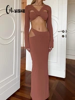 cnyishe pure color two piece sexy sets suit womens maxi skirts matching set fall long sleeve hollow out crop top and long skirt
