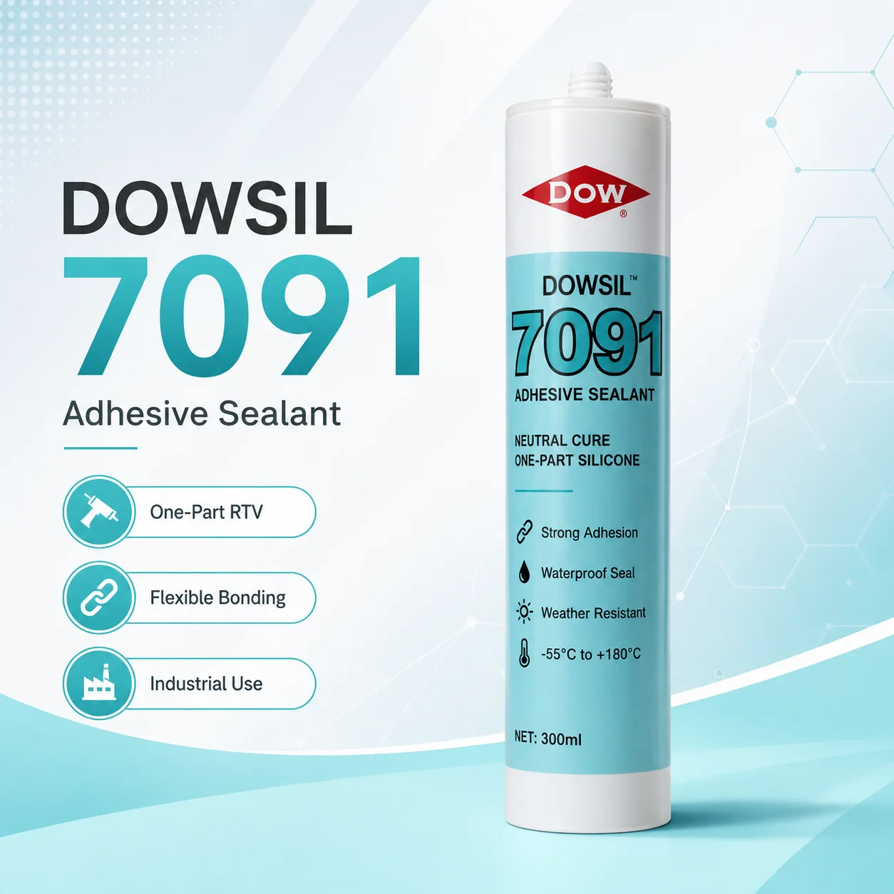 Фото DOWSIL 7091 310 мл Нейтральный силиконовый клей-герметик RTV для гибкого склеивания стекла, металла, пластика №1