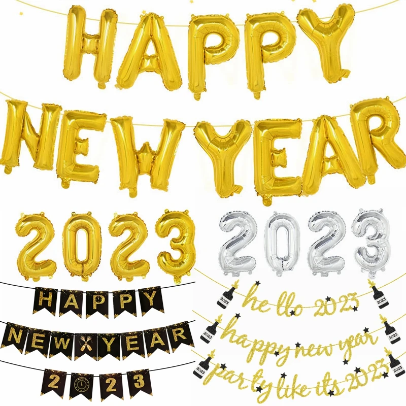 

2023 Happy New Year Foil Balloons Decorations Photo Props Gold Black Banner Garland Christmas New Year Eve Party Decor Supplies