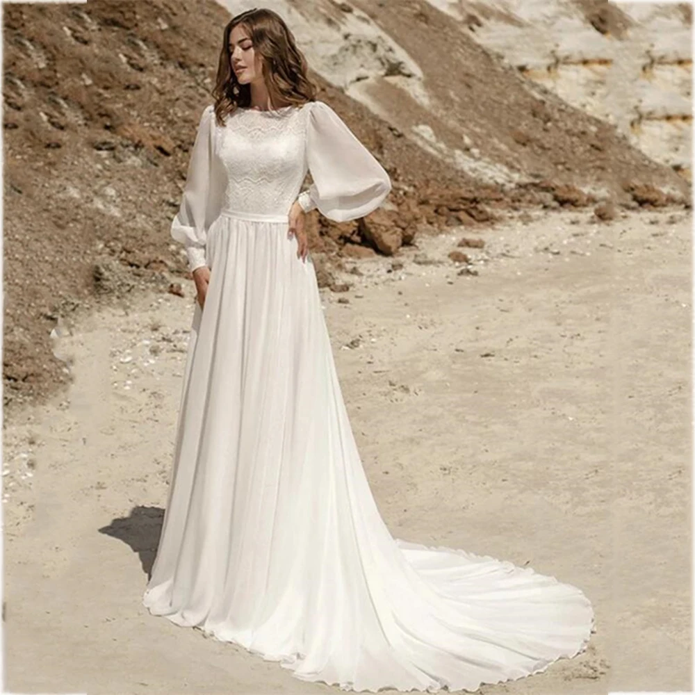 

UETEEY 2022 Gorgeous Chiffon Wedding Dress Lace Appliques O-Neck A-Line Long Sleeves Bridal Gown Junoesque White Robe De Mariée