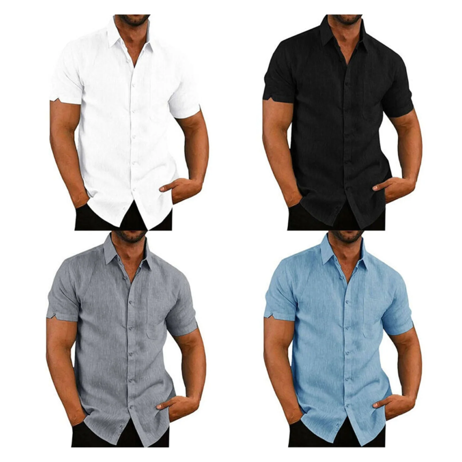 Mens Linen Blouse Short Sleeve Baggy Buttons Summer Solid Comfortable Pure Cotton And Linen Casual Loose Holiday Shirts Tee Tops
