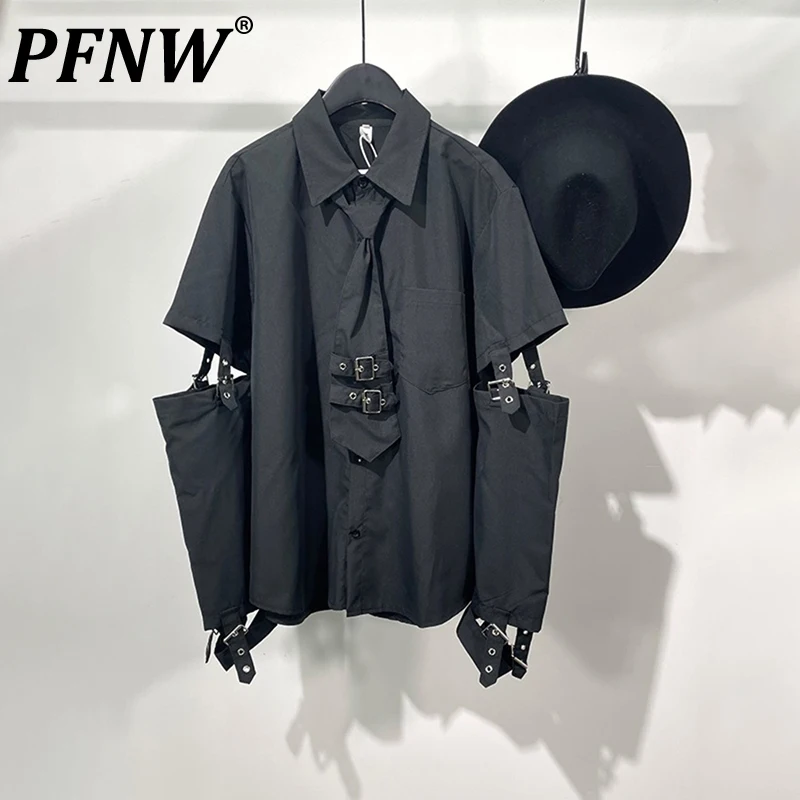 

PFNW Punk Darkwear High Street Nihce Style Shirt Men's Spliced Sleeve Necktie Casual Tops Summer Spring Tide Blouse 12A1583