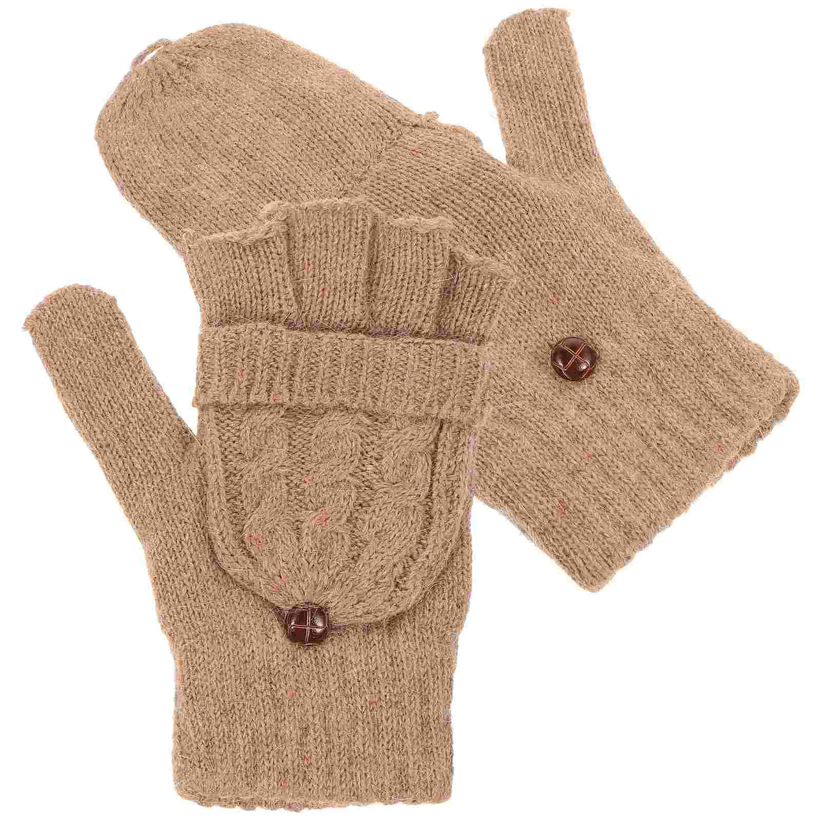 

Winter Knitted Fingerless Knitted Mittens Flap Cover Finger Thermal Insulation Warm ( Brown )