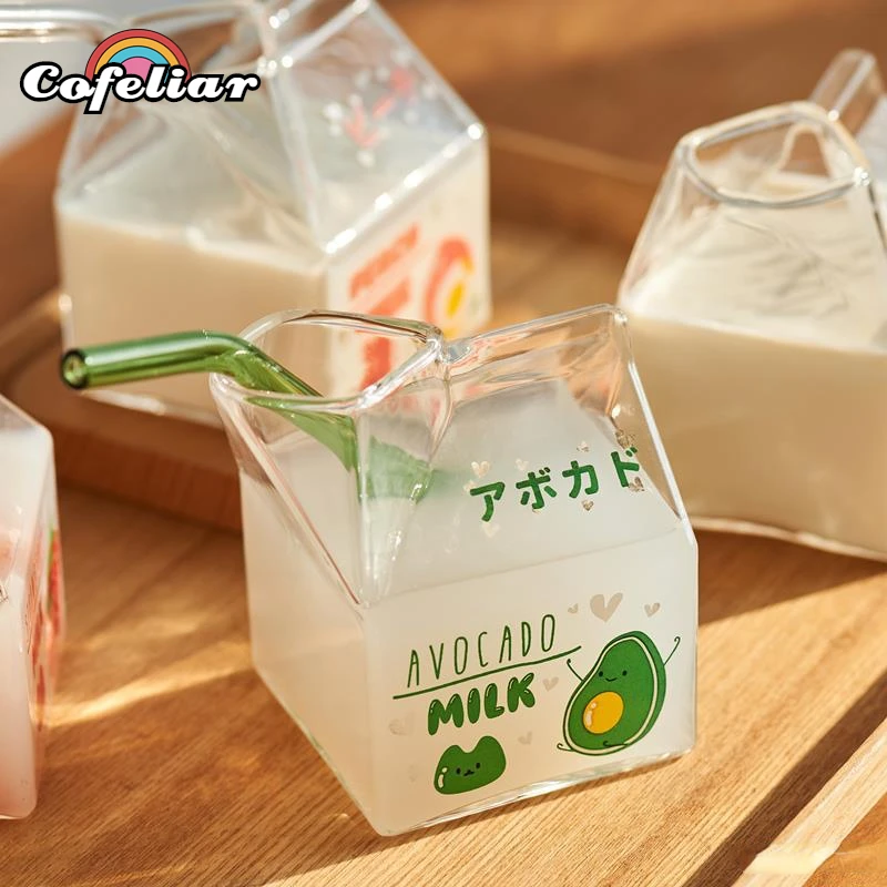 

Square Glass Milk Carton Half Pint Glass with Straw Cute Strawberry Mini Milk Creamer Carton Container Portable Glass Milk Cups