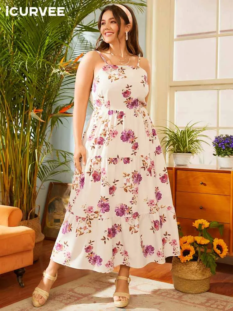 

ICURVEE Holiday Dress Plus Size Women Sexy Floral Printed Ruffled Sleeveless Maxi Vestido 2022 Casual Ruffled Summer Party Robe