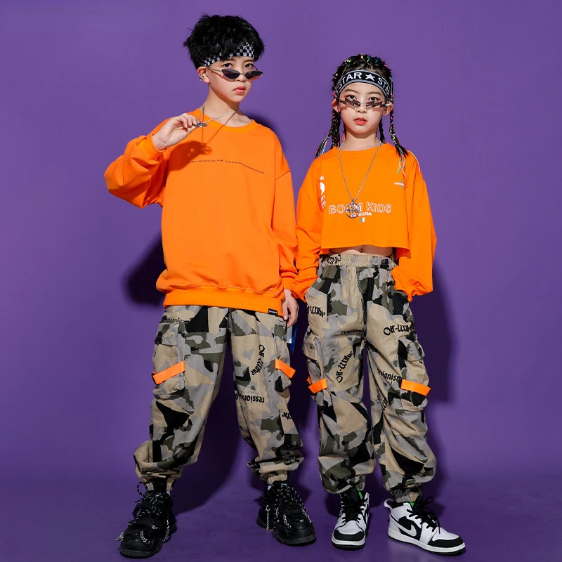 

Boy Street Dance Sweatshirt Camouflage Joggers Girl Hip Hop Crop Top Cargo Pants Kids Costume Clothes Sets Child Streetwear